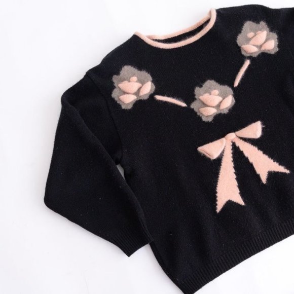80% Lambswool Black Crewneck Peachy Bow & Floral Design Sweater Med - Picture 8 of 10